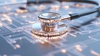 Medical stethoscope on glowing digital circuit board with light effects, representing healthcare technology and digital medicine advancement.