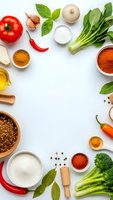 Fresh cooking ingredients frame with vegetables, spices and herbs on white background. Culinary preparation concept for healthy meal planning and recipe creation.
