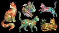 Colorful ornamental cats with intricate floral and geometric patterns, isolated on transparent background. Ready for t-shirt design, clipart, stickers, sublimation, and print-on-demand projects.