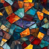 Abstract geometric stained glass mosaic pattern with vibrant orange, turquoise, red and blue irregular shapes creating dynamic composition perfect for modern interior design backgrounds.