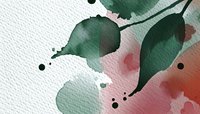 Delicate watercolor floral composition in green and coral pink tones with abstract leaves and paint splatters on textured white paper background.