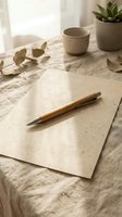 Wooden pen on textured paper with ceramic cup and succulent plant in warm natural light creating shadows on linen fabric surface for writing and journaling.