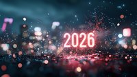 Glowing neon 2026 numbers with festive fireworks and bokeh lights creating magical New Year celebration atmosphere against dark night sky background.