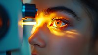 Close-up of eye examination with bright orange light beam during ophthalmological procedure, showing detailed iris and pupil reaction.