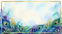 Elegant peacock feathers frame with watercolor splashes in blue, green and purple tones creating decorative border on light background for luxury designs.