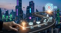 Business roadmap with glowing path leading to 2030 goals over modern city skyline. Hand pointing at timeline with milestone markers and target icons.