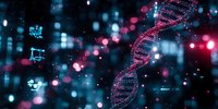 Glowing DNA helix structure with musical notes floating in dark space surrounded by pink and blue bokeh lights against digital matrix background.