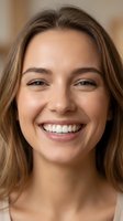 Young Caucasian woman with blonde hair smiling broadly showing white teeth in close-up portrait for wellness and lifestyle marketing campaigns.