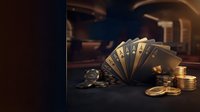 Poker cards spread in fan formation with golden coins on dark casino table creating luxurious gambling atmosphere for entertainment design.