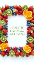 Fresh mixed berries and fruits frame with healthy eating wellness text on white background for nutrition diet lifestyle concepts.