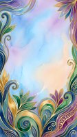 Watercolor floral border frame with gold ornamental swirls in blue, purple, and green tones on soft pastel background with copy space.