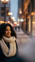 Young mixed-race woman with curly hair wearing knit scarf smiling in snowy city street with warm bokeh lights during winter evening snowfall.