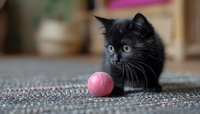 Adorable black kitten with bright blue eyes playing with pink ball toy on carpet, perfect for pet care websites, veterinary clinics, or animal adoption campaigns.