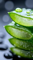 Fresh aloe vera leaves with water drops in macro view on dark background, natural organic skincare ingredient for cosmetics and wellness products.