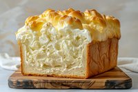 Freshly baked brioche bread loaf with golden crust and fluffy layered interior on wooden cutting board, homemade bakery pastry for breakfast and cooking.