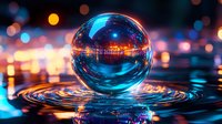 Crystal sphere reflecting city lights on water surface with vibrant blue and orange bokeh effects creating magical nighttime atmosphere. Artistic photography for creative designs.