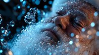 Close up portrait of person underwater with bubbles and water drops creating dreamy atmosphere in blue tones. Artistic underwater photography concept.