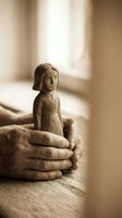 Elderly hands gently holding small wooden carved female figurine in warm sepia tones representing protection, care, memory and craftsmanship in soft natural light.