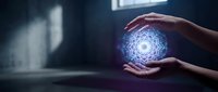 Hands protecting glowing digital energy sphere with intricate patterns in dark futuristic environment for technology and innovation concepts.