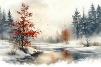 Serene winter landscape with vibrant red maple tree beside partially frozen stream, surrounded by evergreen forest and morning mist creating atmospheric mood.