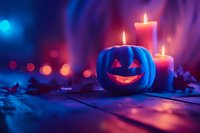 Glowing jack o'lantern with carved face illuminated in neon blue and purple light, surrounded by burning candles on wooden table. Halloween atmosphere.