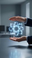 Businessman in dark suit holding glowing atom symbol between hands in modern office, representing nuclear energy, science research, innovation, and technology development concepts.