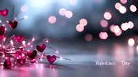 Pink heart-shaped lights and bokeh create romantic Valentine's Day atmosphere with soft glowing decorative garland against blurred dark background.
