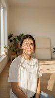 Young Caucasian woman smiling warmly in bright modern home interior with natural sunlight streaming through windows and green plants in background.