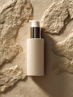 Minimalist beige cosmetic bottle with pump dispenser on textured stone background with dramatic shadows, luxury skincare product photography styling.
