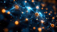 Glowing orange spheres connected by blue light streams float in dark space, creating futuristic network visualization for science and technology backgrounds.