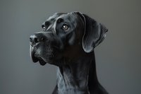 Dramatic portrait of a black Great Dane dog with alert expression and noble profile against dark background, showcasing distinctive breed characteristics and elegant posture.