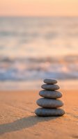 Zen stone stack on beach sand at sunset with soft ocean waves creating peaceful meditation and balance concept for wellness and mindfulness practices.
