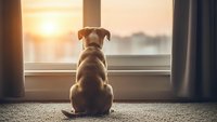 Small dog sitting by window watching sunset through glass, peaceful home interior scene with warm golden light and cozy atmosphere for pet care concepts.