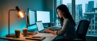 Young Asian businesswoman working late at modern office desk with dual monitors and city skyline view through window at dusk for productivity concepts.