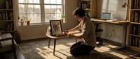 Young adult male with dark hair, olive complexion, wearing olive-green cardigan, sitting cross-legged on floor in sunlit home office, sketching on easel. Warm natural light streams through large windows, illuminating cozy workspace with bookshelves, desk, and creative supplies. Ideal for art, design, creativity, and remote work concepts.
