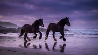Two black horses galloping along ocean beach at sunset with dramatic purple sky and waves crashing on shore creating romantic equestrian scene.