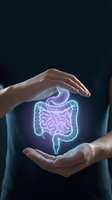 Protective hands surrounding glowing digestive system hologram representing gut health, medical care, gastroenterology and wellness protection concepts.