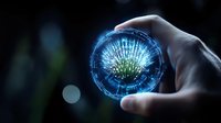 Young adult with light skin tone holding glowing digital sphere displaying data visualization and technology interface, representing innovation, future technology, and digital transformation for business and tech concepts.