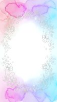 Watercolor floral frame with delicate line art flowers and swirls on gradient pink blue background for wedding invitations and feminine designs.