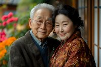Happy senior Asian couple embracing warmly in traditional home setting with colorful flowers, showing love and togetherness in golden years.