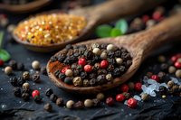 Mixed peppercorns in wooden spoon with pink, black, and white varieties scattered on dark stone surface, selective focus on aromatic spices and seasonings.