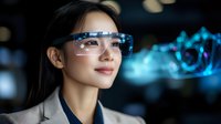 Young Asian businesswoman wearing futuristic augmented reality smart glasses with holographic display interface, smiling while interacting with virtual data visualization.