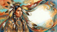 Native American woman wearing traditional headdress and tribal clothing with feathers and beads, surrounded by ornamental swirls and warm earth tones, isolated on white background for design projects.