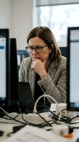 Middle-aged woman with brown hair and glasses wearing beige blazer, sitting at office desk with computer monitors, hand to chin in thoughtful pose, concentrated expression.