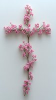 Pink flowering branches arranged in cross shape on white background, isolated floral design element for religious, spiritual, Easter, and faith-based projects.