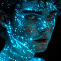 Glowing blue circuit patterns projected onto face in dark background create futuristic cyberpunk aesthetic with intense gaze and dramatic lighting effects.