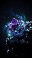 Magical amethyst crystals on dark rock with glowing energy particles and mystical light effects for spiritual healing and meditation concepts.