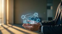 Businessman in suit holding glowing digital network hologram, symbolizing global connectivity, technology innovation, and future business solutions.