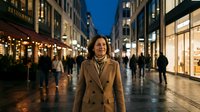 Professional businesswoman in elegant coat walking through illuminated city shopping district at evening with warm storefront lighting and urban atmosphere.