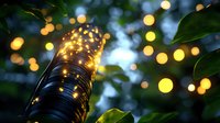 Glowing string lights wrapped around tree branch create magical bokeh effect against blurred natural foliage background in evening garden setting.
